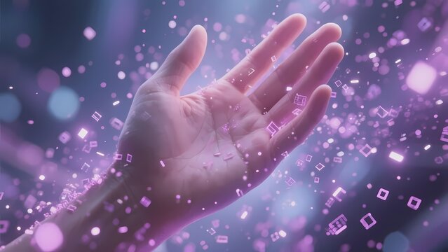 A hand reaching out amidst glowing purple particles and digital squares in a mystical, futuristic atmosphere