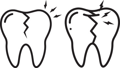 Two cracked teeth with painful lightning bolts silhouette