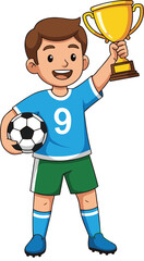 Cartoon soccer player holding ball and trophy, smiling in victory pose, sports achievement concept, isolated on white background, vector illustration