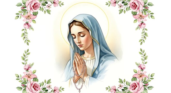 Portrait of the Virgin Mary praying with a halo and floral border
