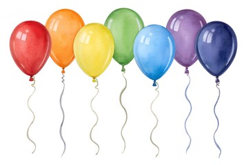 Collection of Seven Watercolor Balloons in Rainbow Colors on White background 