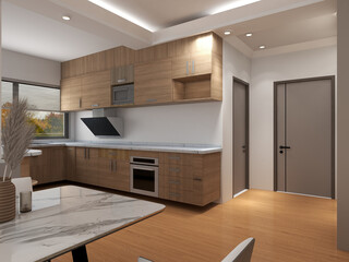 Contemporary kitchen design featuring wooden cabinets, built-in appliances, white countertops, and a marble dining table. Warm lighting and clean lines create a stylish and functional home interior.