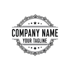 Black and White Style Company Logo Emblem with Ornate Scrollwork, Stars, and Placeholder Text 'COMPANY YOUR TAGLINE' on a White Background, Ideal for Branding and Corporate Identity, Flat Vector