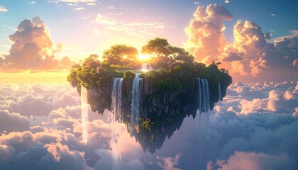 Dreamlike floating island DESIGN covered with glowing waterfalls and endless soft clouds, luminous horizon in cinematic clarity