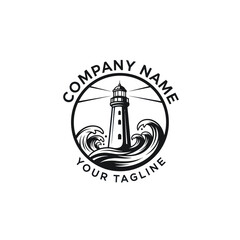 Black and White Lighthouse Logo Design with Waves and Circular Frame for Maritime or Navigation Brand Identity, Vector Illustration on White Background, Flat Vector Elements, Vector Illustration,