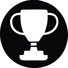 Simple icon of a white trophy cup with handles inside a black circle representing victory and achievement