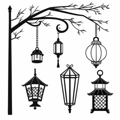 Black silhouette lanterns and lampposts on branches
