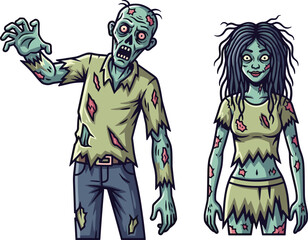 Fototapeta premium Cartoon zombie couple vector illustration, scary undead characters, creepy Halloween design, walking dead monsters, horror graphic artwork, spooky infected humans, isolated background