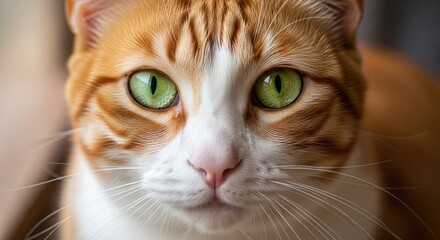 Intense Gaze: Close-Up of an Orange Tabby Cat with Striking Green Eyes