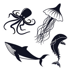 Black Silhouette Sea Creatures With Octopus Jellyfish And Whales Keywords: marine life, ocean