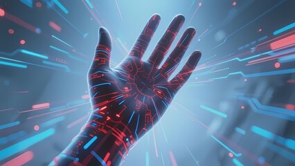 A human hand illuminated with digital circuit patterns against a futuristic cybernetic background