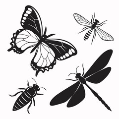 Black Silhouettes of Four Insects on White Background