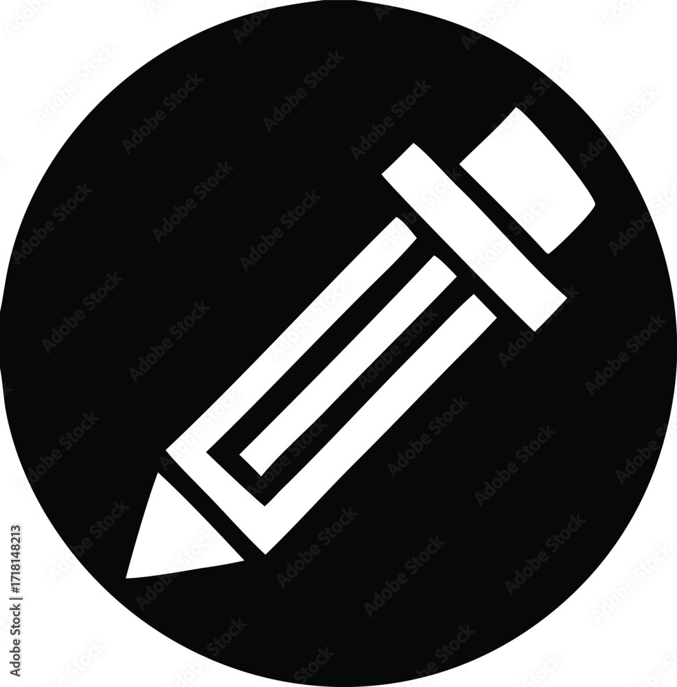 Poster simple iconography represents a white pencil on a black circular background signifying editing and c