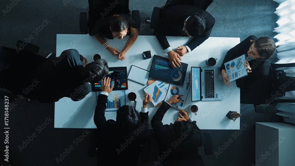 Poster top down aerial view of smart project manager present growth graph while marketing team analyze char