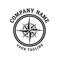 Black and White Compass Rose Logo Design with Text Arc for Navigation, Travel, and Adventure Branding, Flat Vector Elements, Vector Illustration, Simple Vector, Stylized Vector Drawing, Vector