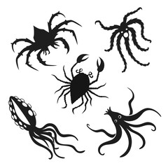 Black Silhouettes of Spiders, Crab, and Octopus creature