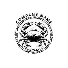 Monochrome Crab Logo with Nautical Rope Frame and Customizable Text on White Background, Flat Vector Elements, Vector Illustration, Simple Vector, Stylized Vector Drawing, Vector Template, Clean