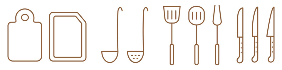 Tableware and cookware linear icons set isolated on transparent background. Collection of kitchen utensils and cooking outline symbols. Simple icon set for dishes, culinary tools, household and food 