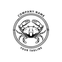 Black and White Crab Logo with Rope Frame and Text, Nautical Marine Emblem on White Background for Seafood Branding, Flat Vector Elements, Vector Illustration, Simple Vector, Stylized Vector Drawing,