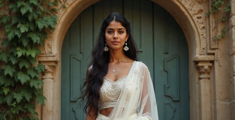 Ai generated image of a beautiful indian bride in a shimmering white saree stands gracefully in a sunlit garden