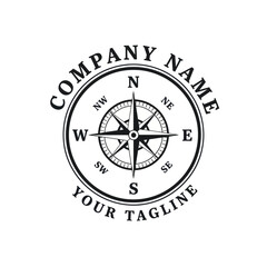 Monochrome Compass Rose Logo with Cardinal Directions and Arched Text for Branding and Navigation Themes, Flat Vector Elements, Vector Illustration, Simple Vector, Stylized Vector Drawing, Vector
