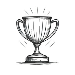 Hand drawn sketch of shiny classic trophy cup with glory rays highlight vintage ink style award symbol for achievement and victory celebration illustration