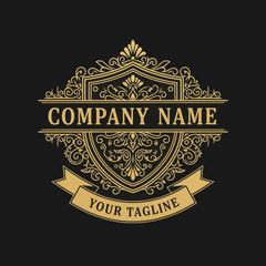 Elegant Gold Ornate Shield Logo Design with Flourishes and Banner, Classic Luxury Emblem for Company Branding Identity, Flat Vector Elements, Vector Illustration, Simple Vector, Stylized Vector