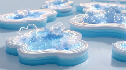 Cloud-shaped pools filled with glittering blue liquid and bubbly white formations