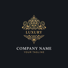 Elegant Gold Ornate Luxury Logo Design Template with Decorative Flourishes and Serif Typography for Company Branding and Tagline, Flat Vector Elements, Vector Illustration, Simple Vector, Stylized