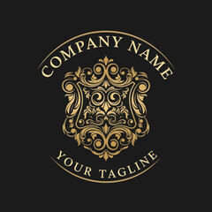 Obraz premium Golden Ornate Royal Crest Logo Design with Elegant Baroque Flourishes, Luxury Emblem for Premium Branding and Classical Identity, Flat Vector Elements, Vector Illustration, Simple Vector, Stylized