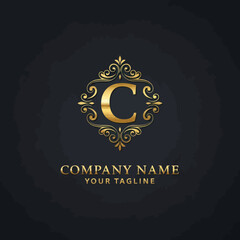 Elegant Golden C Initial Logo with Ornate Frame, Company Name, and Tagline on a Premium Dark Background, Flat Vector Elements, Vector Illustration, Simple Vector, Stylized Vector Drawing, Vector