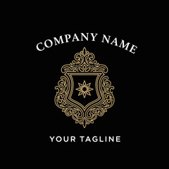 Elegant Golden Crest Logo with Ornate Details and Star Emblem for Luxury Branding and Corporate Identity, Flat Vector Elements, Vector Illustration, Simple Vector, Stylized Vector Drawing, Vector