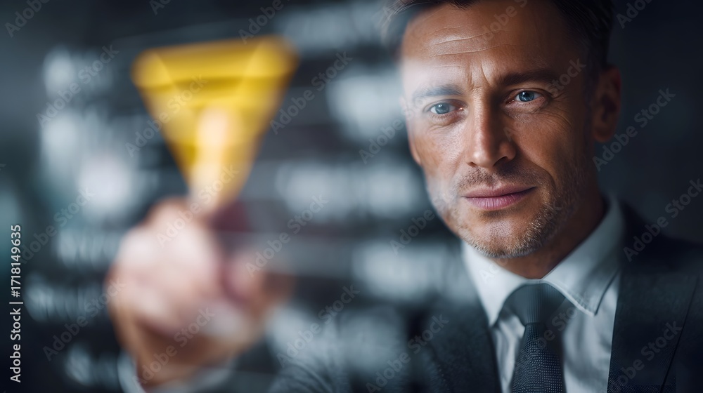 Poster man in suit interacting with a glowing digital funnel diagram on a transparent screen