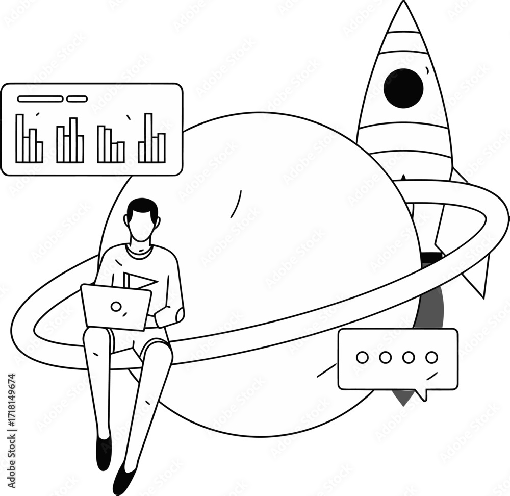 Poster Ambitious entrepreneur leveraging technology to analyze data and launch innovative projects into the future, symbolizing growth and exploration.