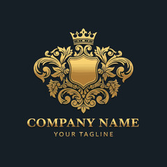 Majestic Gold Crest Emblem with Crown and Shield on a Rich Background, Ideal for Luxury Branding and Elegant Corporate Identity, Flat Vector Elements, Vector Illustration, Simple Vector, Stylized