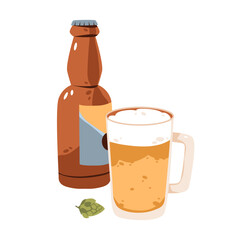 Flat vector illustration of beer bottle and mug for Oktoberfest celebration. Perfect for pub, tavern, or party.