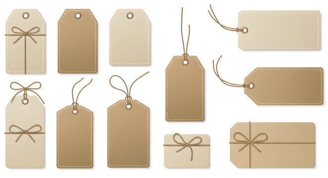 Collection of various paper tags with string for retail and packaging