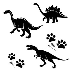 Collection of dinosaur silhouettes and paw prints footprint