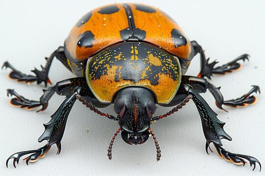Close Up Detailed View of Orange and Black Spotted Calligrapha Multipunctata Beetle on White Surface Macro