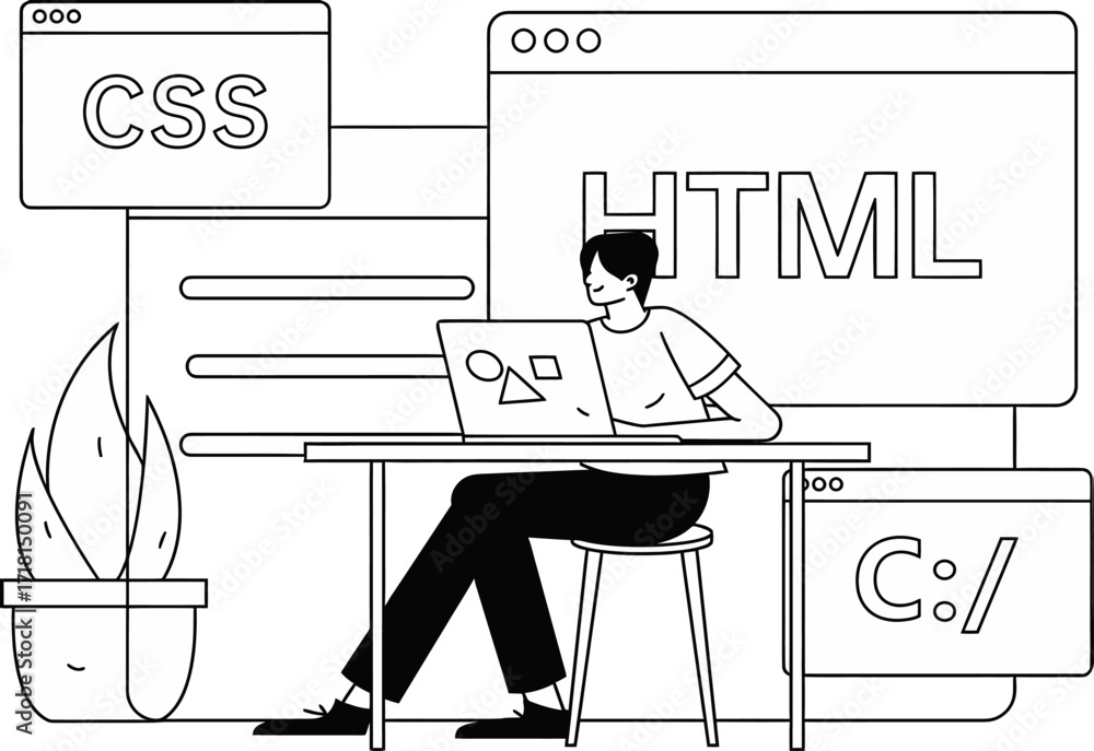 Poster young developer coding on laptop surrounded by web development languages like html css and c++ showc