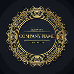 Elegant Gold Ornate Circular Frame with Intricate Filigree Details and Text Placeholder on a Rich Deep Blue Background, Perfect for Luxury Branding, Invitations, and Certificates., Flat Vector