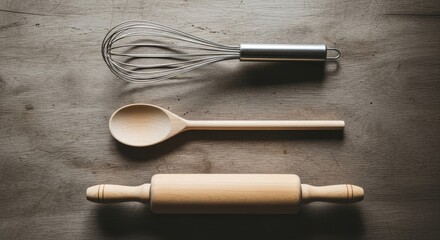 Kitchen Still Life: Whisk, Spoon, and Rolling Pin on Rustic Wood Surface