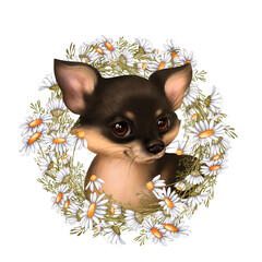 Hand-drawn illustration of a cute chihuahua puppy in a wreath of delicate white daisies.