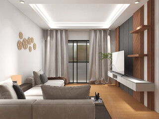 Contemporary living room featuring a neutral-toned sofa, wall-mounted TV, wooden shelves, stylish ceiling lights, and floor-to-ceiling curtains, creating a cozy and elegant home atmosphere.