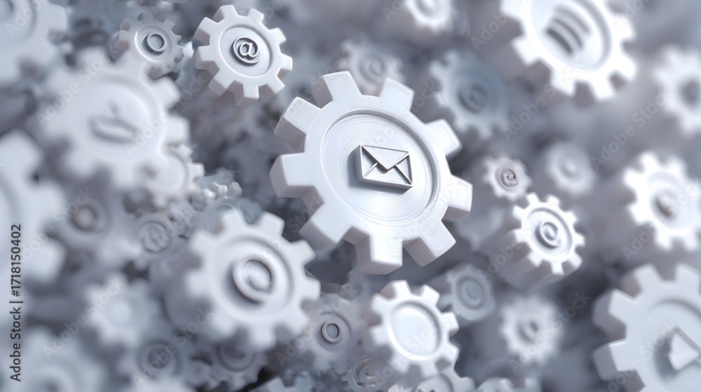 Poster interconnected gears with communication icons symbolize a digital network and integrated business sy