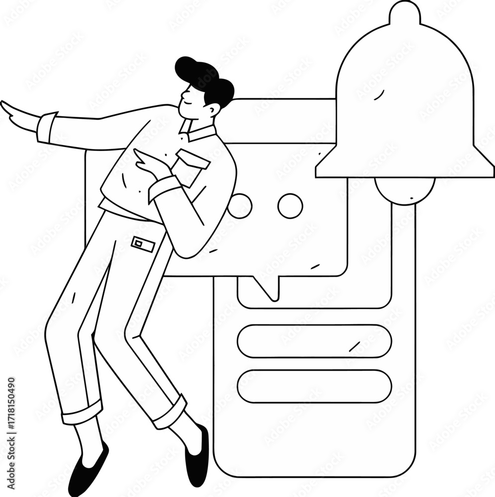 Poster dynamic person interacting with digital notifications and chat bubbles, embodying alert communicatio