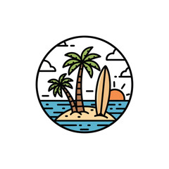Colorful Tropical Beach Illustration with Palm Trees, Ocean, and Surfboard in a Circular Frame, Perfect for Summer Vacations and Travel Designs, Flat Vector Elements, Vector Illustration, Simple