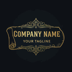 Elegant Golden Company Logo Template with Ornate Scrollwork, Decorative Frame, and Banner on a Dark Backdrop for Luxurious Branding, Flat Vector Elements, Vector Illustration, Simple Vector, Stylized