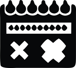 Simple black and white icon representing calendar pages with dates and cross marks for event tracking or scheduling