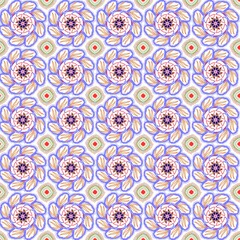 seamless floral pattern-Vibrant mandala pattern in orange, purple, and yellow, detailed and bohemian style.